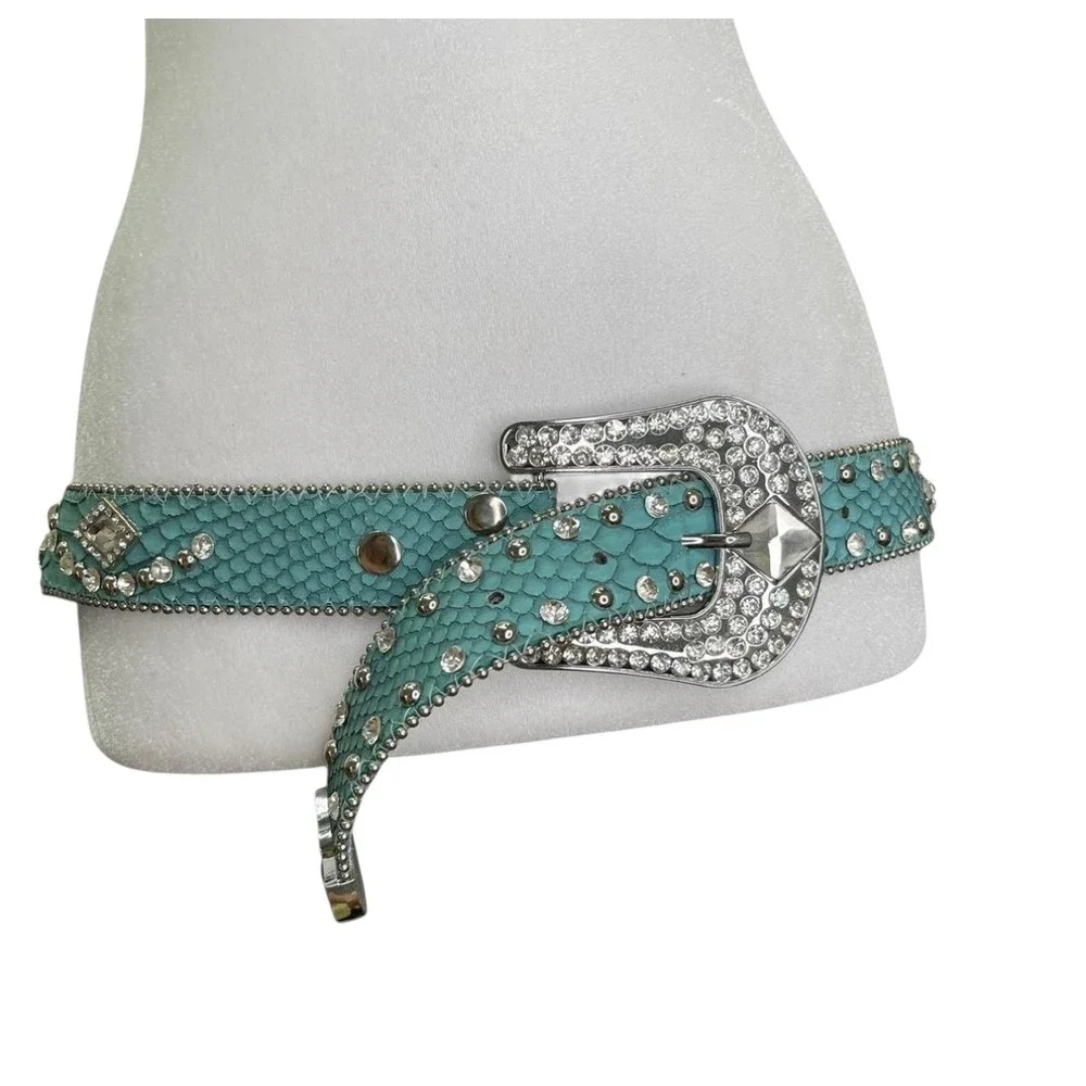 Western Teal Alligator Leather Belt Silver Stud Crystal Rhinestone Conchos Small - Picture 1 of 8